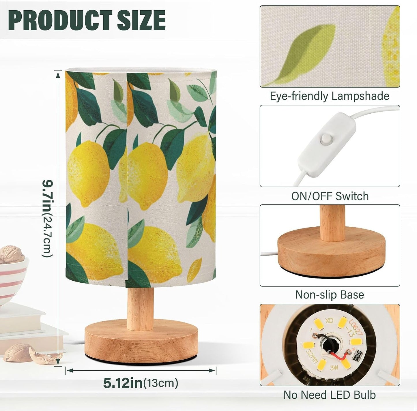 Bedside Table Lamp Lemon Yellow Citrus Fruits (76) Kids Nightstand Lamp Night Light Fabric Shade for Bedroom Living Room Home Office