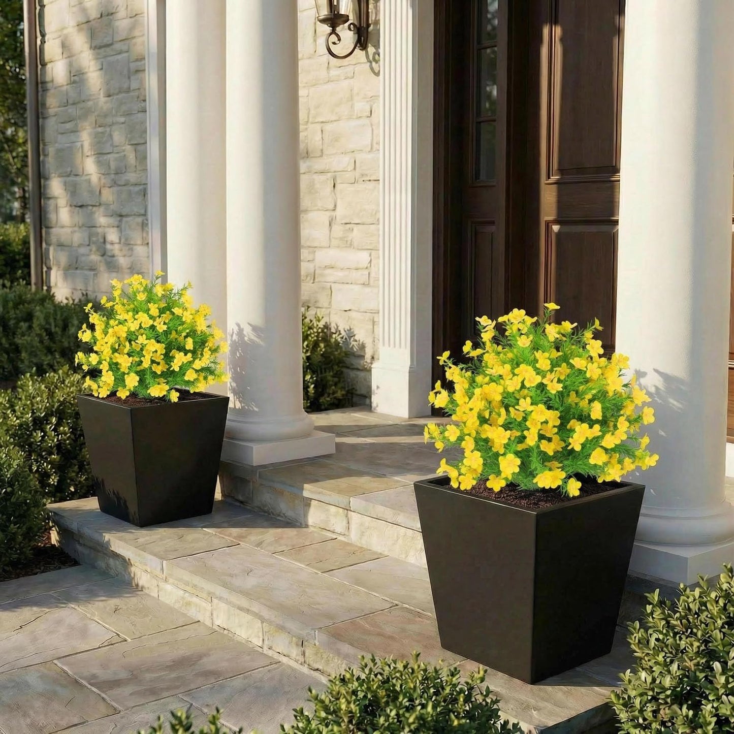 22.5" Artificial Boxwood Topiary Ball Trees Set of 2 Yellow | UV resistant no fade faux shrubs with ground spike, decoration for garden patio porch yard indoor outdoor