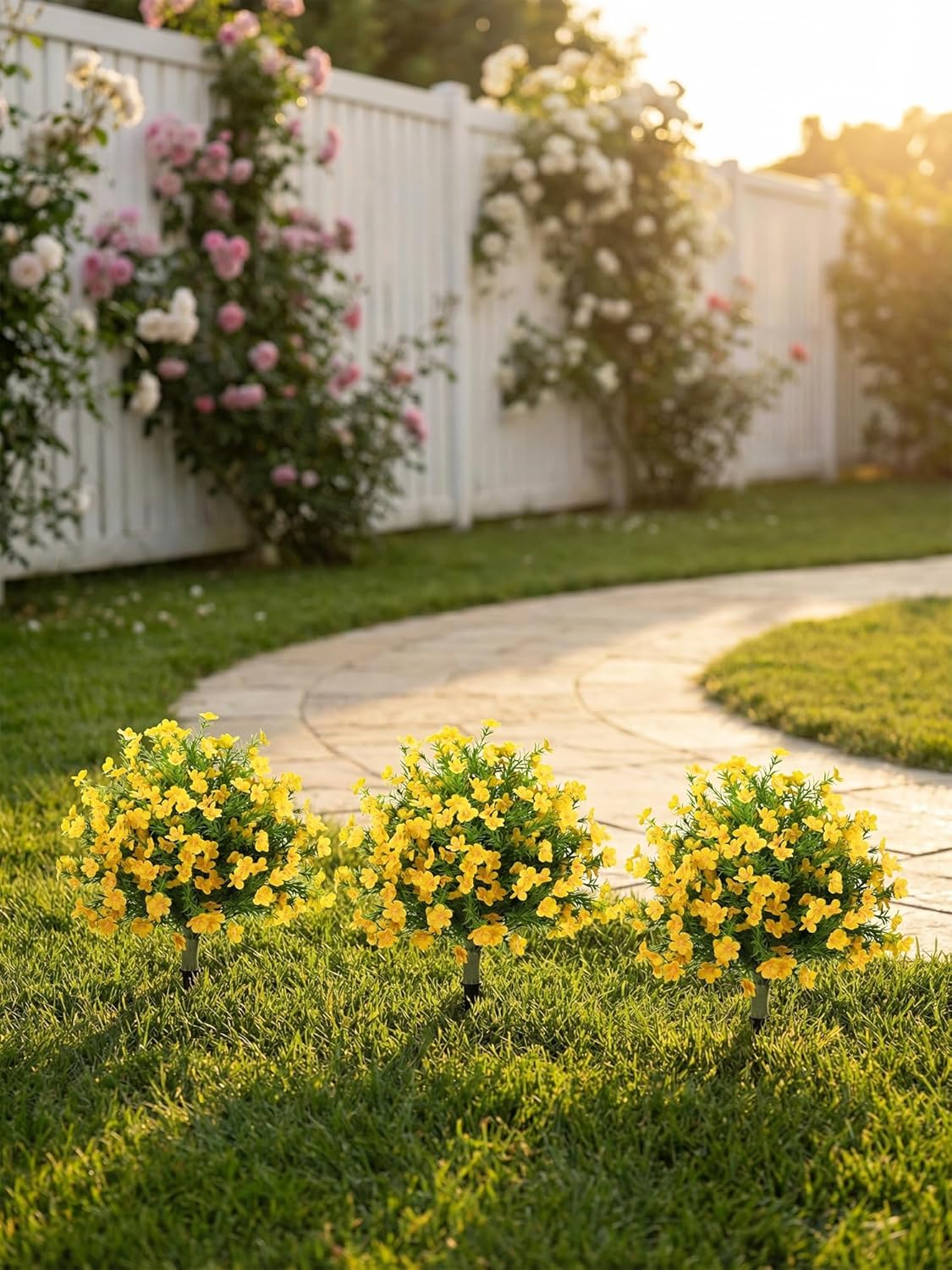 22.5" Artificial Boxwood Topiary Ball Trees Set of 2 Yellow | UV resistant no fade faux shrubs with ground spike, decoration for garden patio porch yard indoor outdoor