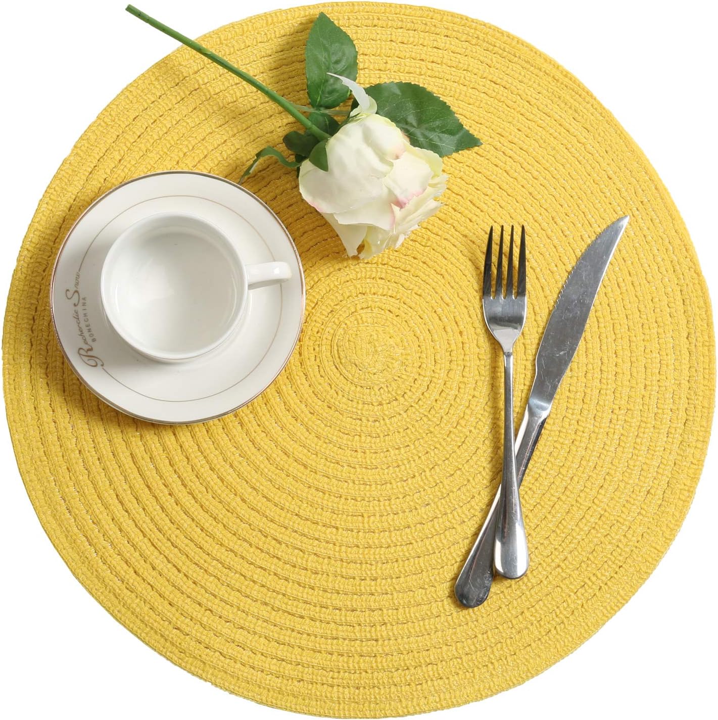 Round Braided Placemats Set of 4 Washable Kitchen Table Place Mats Doilies Table Mats for Home Wedding Party Dining Table Decor (Yellow, 4)
