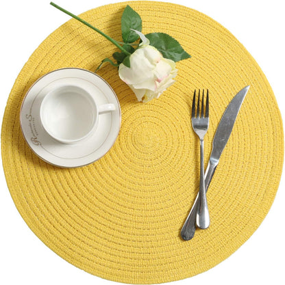 Round Braided Placemats Set of 4 Washable Kitchen Table Place Mats Doilies Table Mats for Home Wedding Party Dining Table Decor (Yellow, 4)