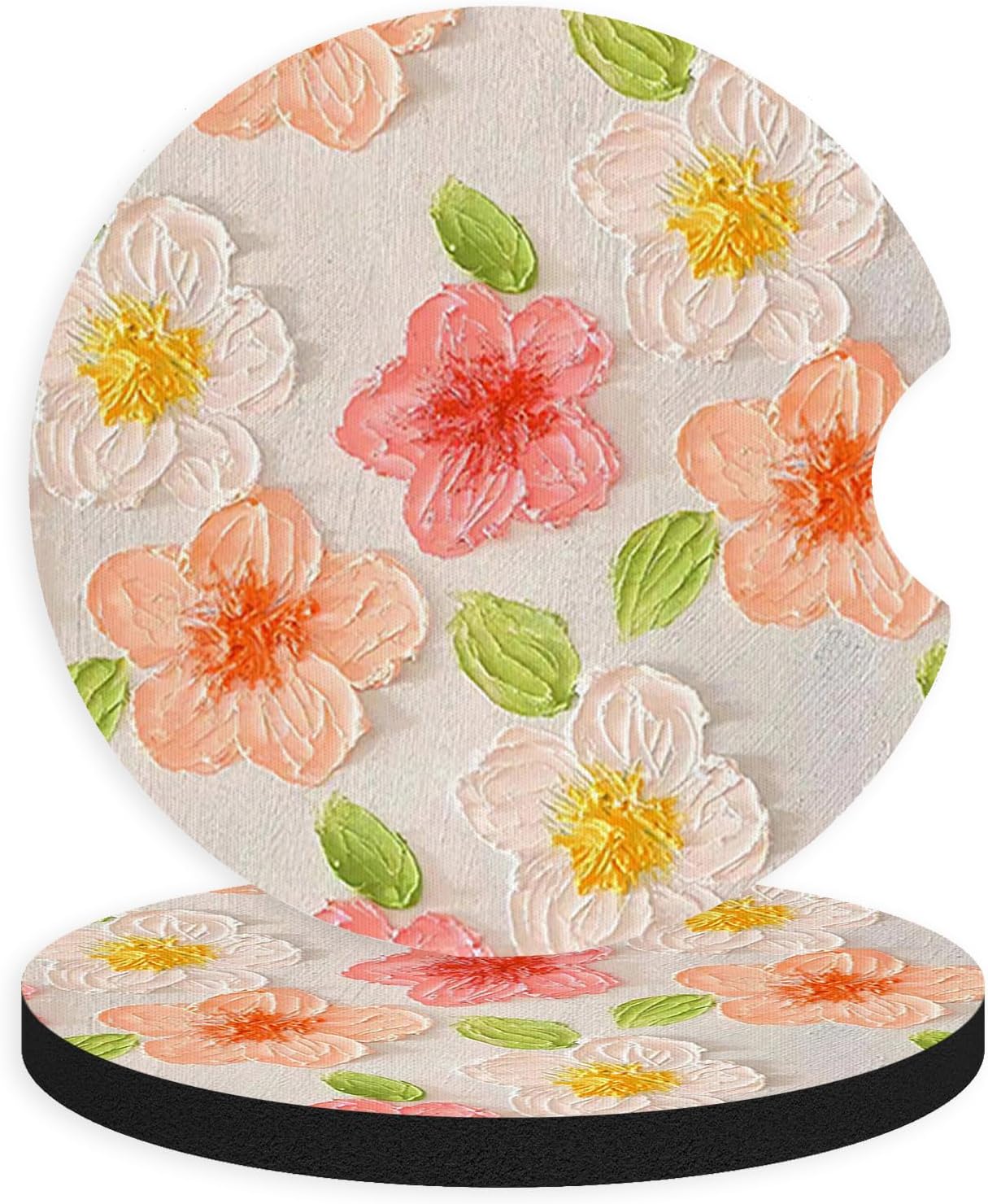 2pcs Cute Yellow and Red Flowers Car Coasters,Absorbent Universal neoprener Cup Holder Coasters with a Finger Notch,Car Accessories for Women&Man Interior，2.75" 7
