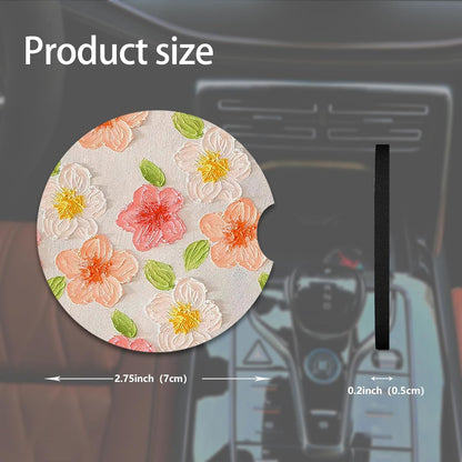 2pcs Cute Yellow and Red Flowers Car Coasters,Absorbent Universal neoprener Cup Holder Coasters with a Finger Notch,Car Accessories for Women&Man Interior，2.75" 7