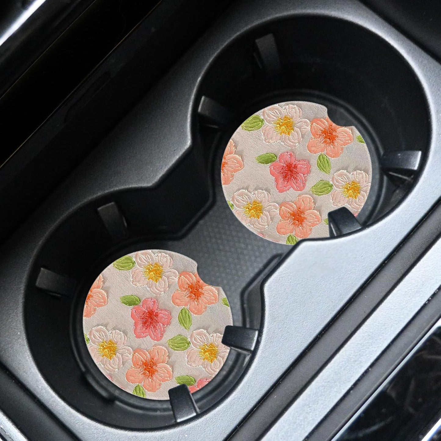2pcs Cute Yellow and Red Flowers Car Coasters,Absorbent Universal neoprener Cup Holder Coasters with a Finger Notch,Car Accessories for Women&Man Interior，2.75" 7