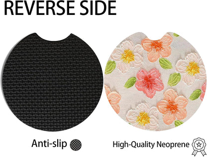2pcs Cute Yellow and Red Flowers Car Coasters,Absorbent Universal neoprener Cup Holder Coasters with a Finger Notch,Car Accessories for Women&Man Interior，2.75" 7
