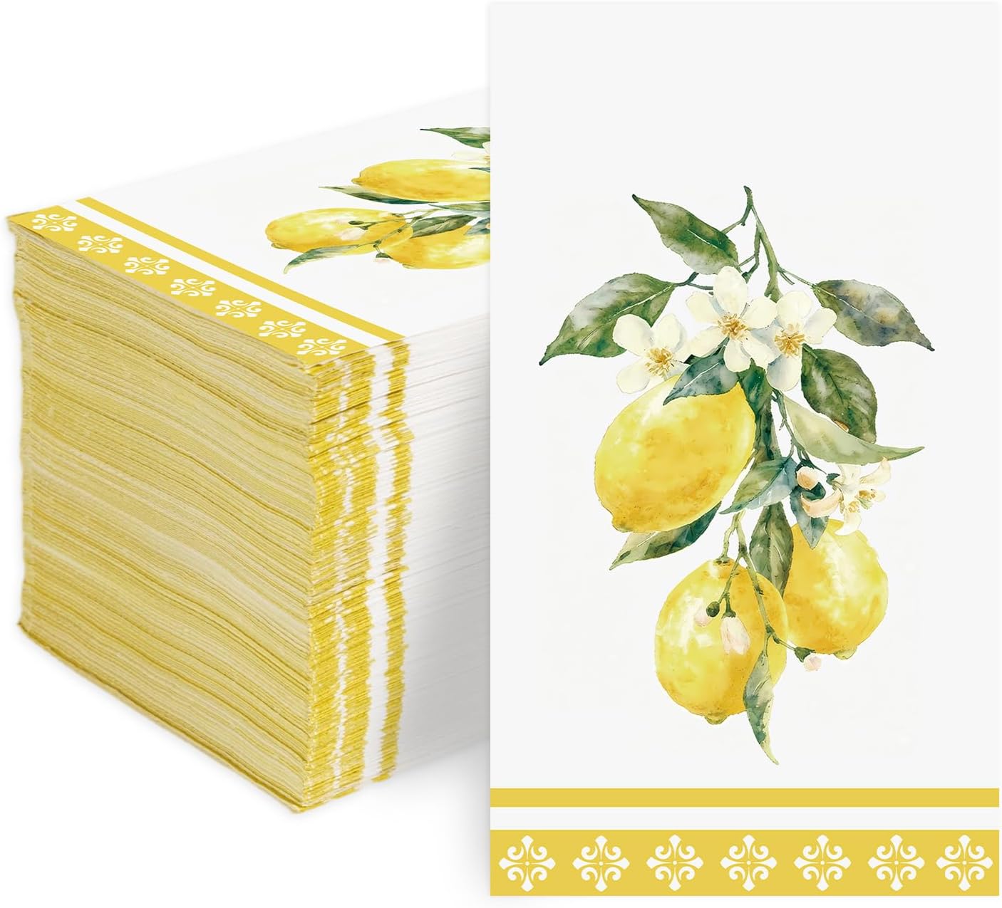 100Pcs Lemons Paper Napkins 3 Ply Watercolor Yellow Lemons Napkins Yellow Summer Fruit Theme Disposable Paper Guest Towels for Bathroom Anniversary Wedding Bridal Shower Birthday Italian Theme Party