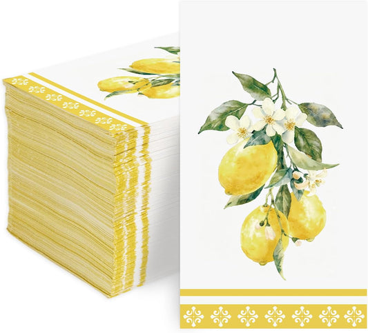 100Pcs Lemons Paper Napkins 3 Ply Watercolor Yellow Lemons Napkins Yellow Summer Fruit Theme Disposable Paper Guest Towels for Bathroom Anniversary Wedding Bridal Shower Birthday Italian Theme Party