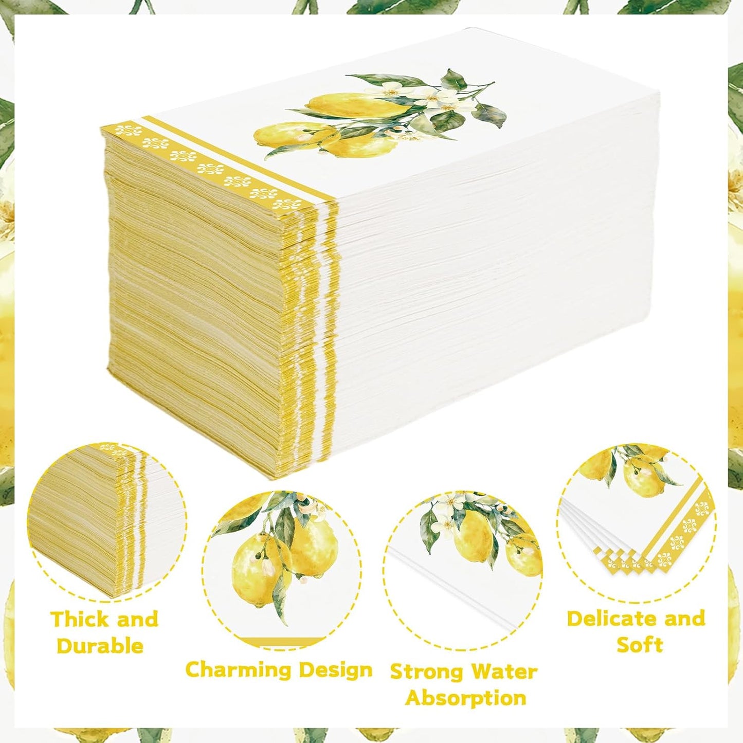 100Pcs Lemons Paper Napkins 3 Ply Watercolor Yellow Lemons Napkins Yellow Summer Fruit Theme Disposable Paper Guest Towels for Bathroom Anniversary Wedding Bridal Shower Birthday Italian Theme Party