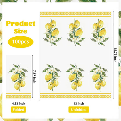 100Pcs Lemons Paper Napkins 3 Ply Watercolor Yellow Lemons Napkins Yellow Summer Fruit Theme Disposable Paper Guest Towels for Bathroom Anniversary Wedding Bridal Shower Birthday Italian Theme Party