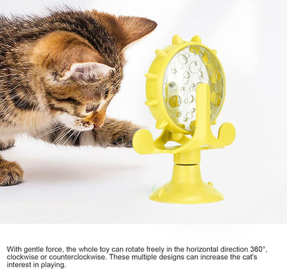 Interactive Cat Food Treats Dispenser Toy, Pet Slow Feeder Feed Training Toy Cat Windmill Toy Dog Food Dispenser, 360° Rotating Windmill Suction Cup Toys for Educational Interactive Training (Yellow)