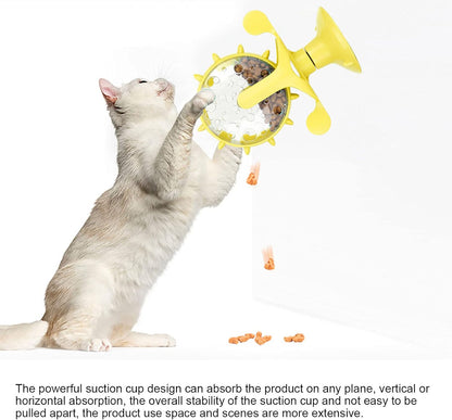 Interactive Cat Food Treats Dispenser Toy, Pet Slow Feeder Feed Training Toy Cat Windmill Toy Dog Food Dispenser, 360° Rotating Windmill Suction Cup Toys for Educational Interactive Training (Yellow)