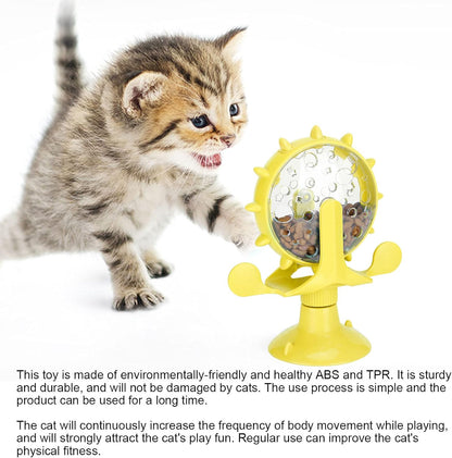 Interactive Cat Food Treats Dispenser Toy, Pet Slow Feeder Feed Training Toy Cat Windmill Toy Dog Food Dispenser, 360° Rotating Windmill Suction Cup Toys for Educational Interactive Training (Yellow)