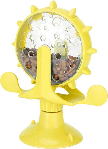 Interactive Cat Food Treats Dispenser Toy, Pet Slow Feeder Feed Training Toy Cat Windmill Toy Dog Food Dispenser, 360° Rotating Windmill Suction Cup Toys for Educational Interactive Training (Yellow)