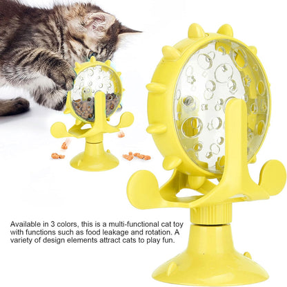 Interactive Cat Food Treats Dispenser Toy, Pet Slow Feeder Feed Training Toy Cat Windmill Toy Dog Food Dispenser, 360° Rotating Windmill Suction Cup Toys for Educational Interactive Training (Yellow)