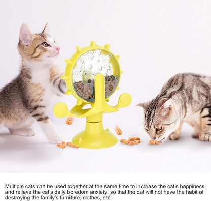 Interactive Cat Food Treats Dispenser Toy, Pet Slow Feeder Feed Training Toy Cat Windmill Toy Dog Food Dispenser, 360° Rotating Windmill Suction Cup Toys for Educational Interactive Training (Yellow)