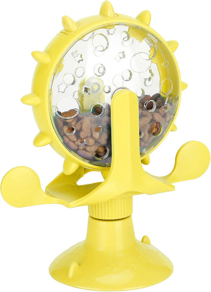 Interactive Cat Food Treats Dispenser Toy, Pet Slow Feeder Feed Training Toy Cat Windmill Toy Dog Food Dispenser, 360° Rotating Windmill Suction Cup Toys for Educational Interactive Training (Yellow)