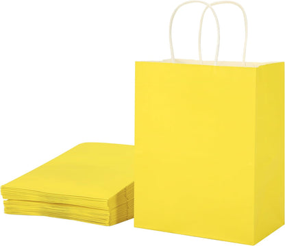 25 Pack Yellow Gift Bags with Handles – 8x4.5x10 Medium Bags for Shopping, Retail, DIY, Wedding, Party Favors & Special Occasions
