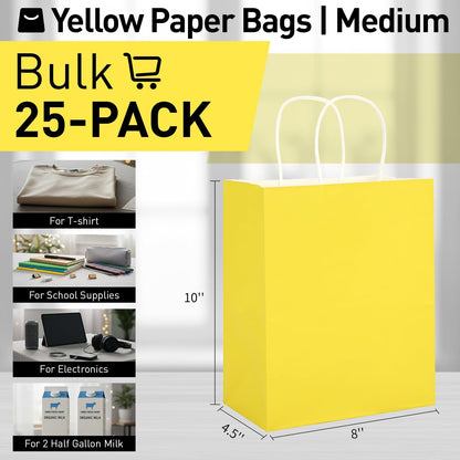 25 Pack Yellow Gift Bags with Handles – 8x4.5x10 Medium Bags for Shopping, Retail, DIY, Wedding, Party Favors & Special Occasions