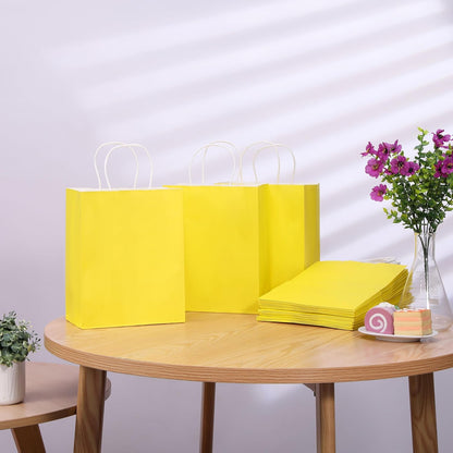 25 Pack Yellow Gift Bags with Handles – 8x4.5x10 Medium Bags for Shopping, Retail, DIY, Wedding, Party Favors & Special Occasions