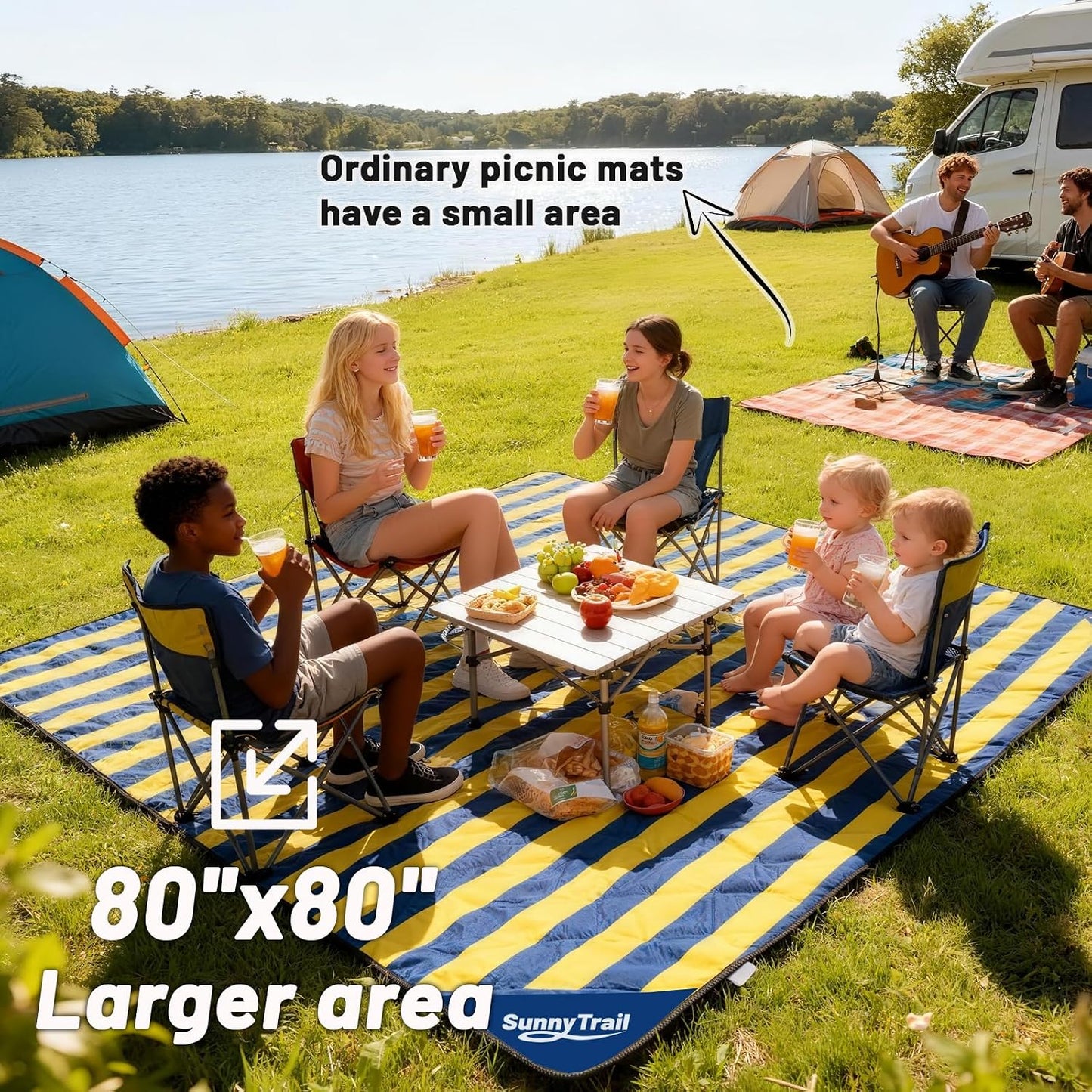 Picnic Blanket 80"x80" – Extra Large Waterproof Outdoor Blanket for Beach, Park, Grass, Lawn, Camping, Sandproof Mat, Foldable & Portable, Ideal Wedding Registry & Family Travel Accessory