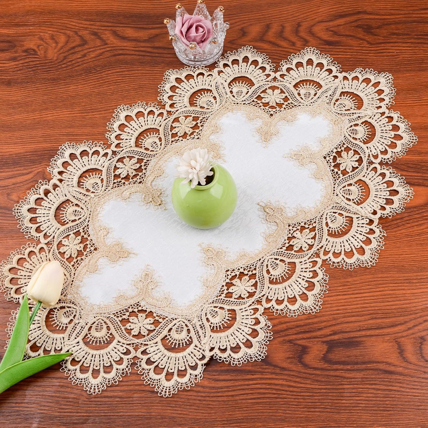 Polyester Ellipses Table Cover with Lace Trim, Light Yellow Lace Dustproof Home Festival Table Cloth for Dining Room Kitchen, 30 * 45cm