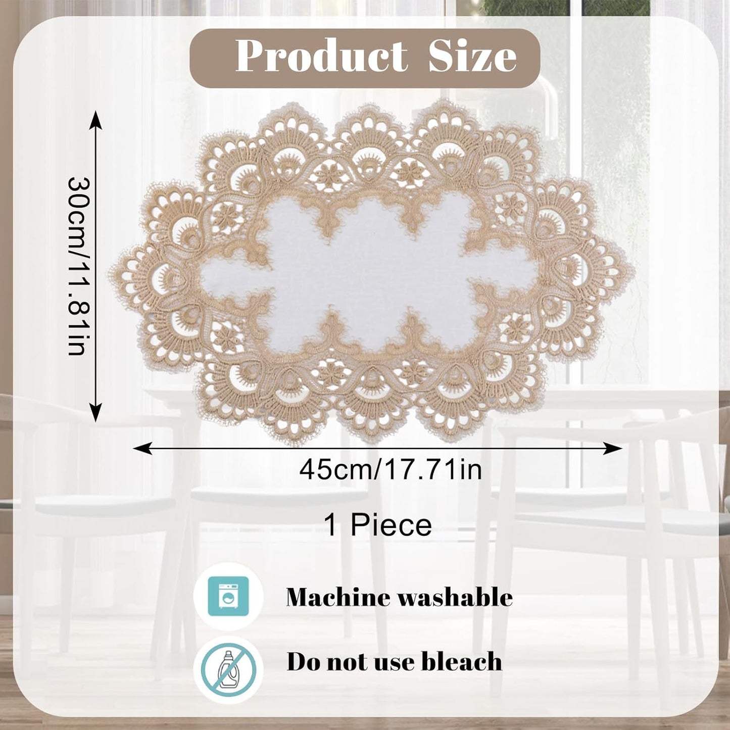 Polyester Ellipses Table Cover with Lace Trim, Light Yellow Lace Dustproof Home Festival Table Cloth for Dining Room Kitchen, 30 * 45cm