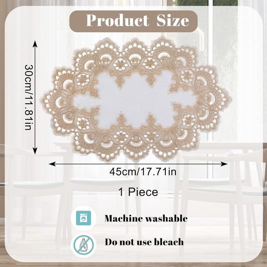 Polyester Ellipses Table Cover with Lace Trim, Light Yellow Lace Dustproof Home Festival Table Cloth for Dining Room Kitchen, 30 * 45cm