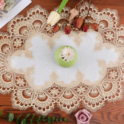Polyester Ellipses Table Cover with Lace Trim, Light Yellow Lace Dustproof Home Festival Table Cloth for Dining Room Kitchen, 30 * 45cm