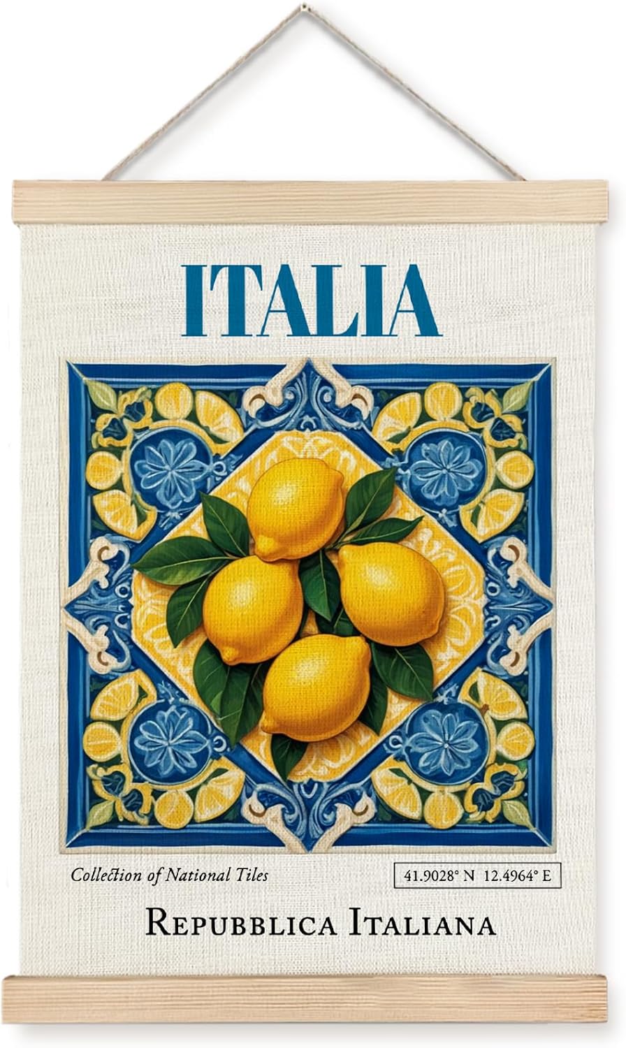 Yomisex Italia Tile Lemon Wall Art Poster, Traditional Republica Italiana Ceramic Tiles Lemons Gift Aesthetic Canvas Prints Wall Art Framed for Home Kitchen Dining Room Decor, 12x16 Inch
