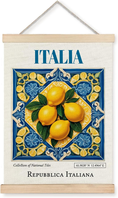Yomisex Italia Tile Lemon Wall Art Poster, Traditional Republica Italiana Ceramic Tiles Lemons Gift Aesthetic Canvas Prints Wall Art Framed for Home Kitchen Dining Room Decor, 12x16 Inch