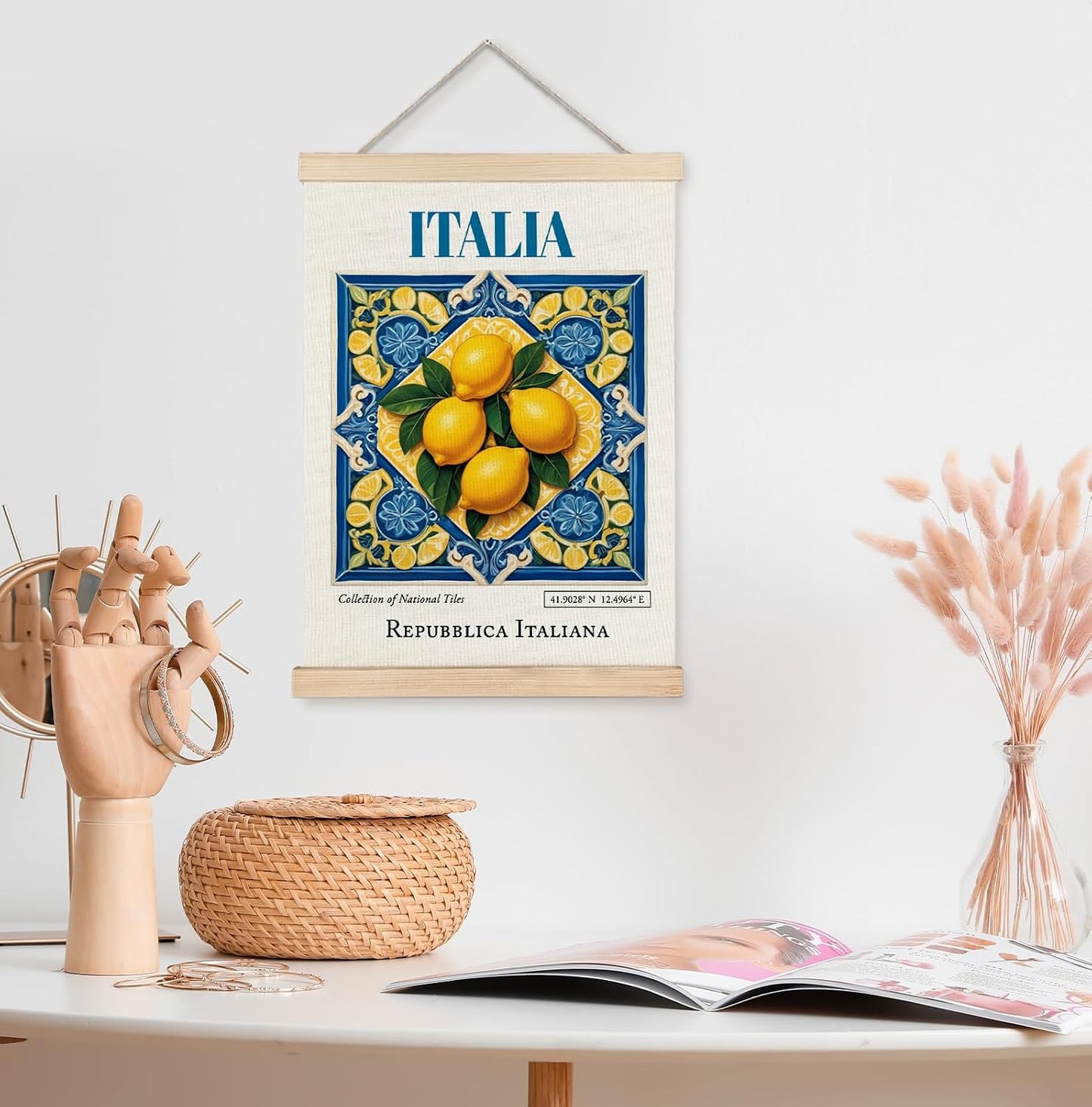 Yomisex Italia Tile Lemon Wall Art Poster, Traditional Republica Italiana Ceramic Tiles Lemons Gift Aesthetic Canvas Prints Wall Art Framed for Home Kitchen Dining Room Decor, 12x16 Inch
