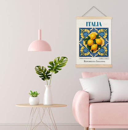 Yomisex Italia Tile Lemon Wall Art Poster, Traditional Republica Italiana Ceramic Tiles Lemons Gift Aesthetic Canvas Prints Wall Art Framed for Home Kitchen Dining Room Decor, 12x16 Inch