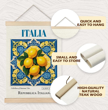 Yomisex Italia Tile Lemon Wall Art Poster, Traditional Republica Italiana Ceramic Tiles Lemons Gift Aesthetic Canvas Prints Wall Art Framed for Home Kitchen Dining Room Decor, 12x16 Inch