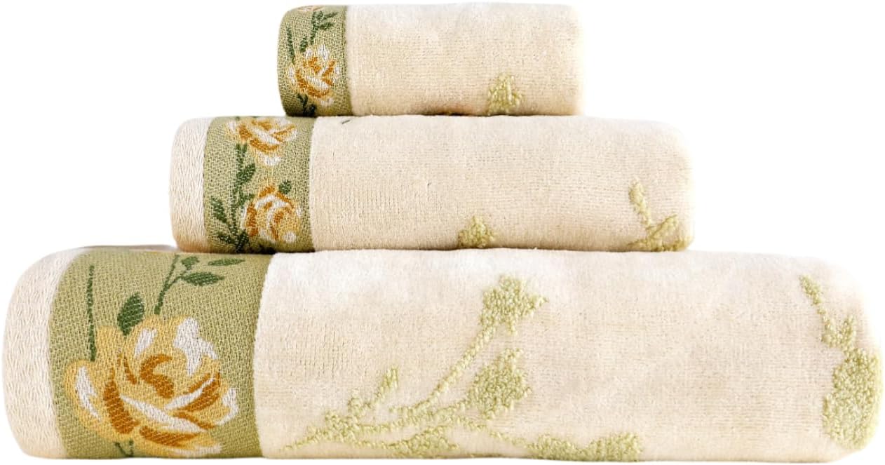 3 Piece Premium Bath Towel Set (Flowers), 1 Bath Towel 1 Hand Towel 1 Washcloth, Quick-Drying, 100% Cotton，Oeko-TEX Certified (Yellow)