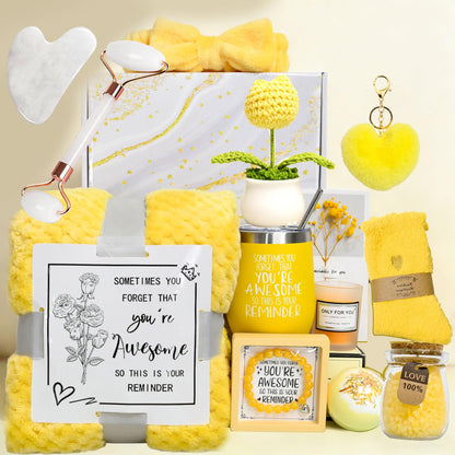 Self Care Gifts Baskets Women, 16PCS Get Well Soon Gift Box Relaxing Spa Set Care Package for Birthday, Valentines Day, Mothers Day, Christmas Gifts for Mom Girlfriend Sister Wife Grandma (Yellow)