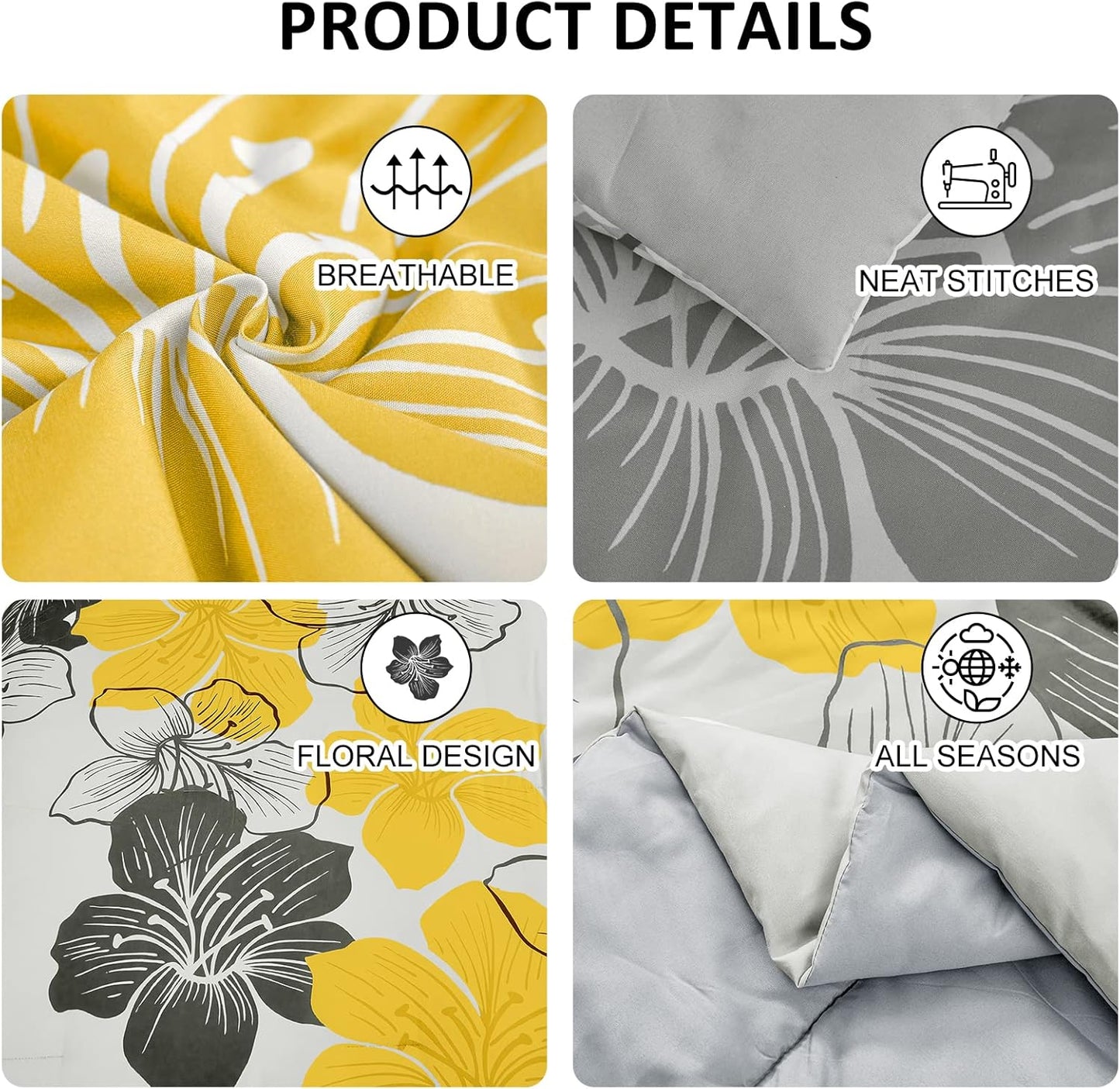 Yellow Comforter Set Queen Size, Yellow Floral Pattern Printed on Light Grey, Soft Microfiber 7 Pieces Bed in a Bag (1 Comforter, 2 Pillow Shams, 1 Flat Sheet, 1 Fitted Sheet, 2 Pillowcases)