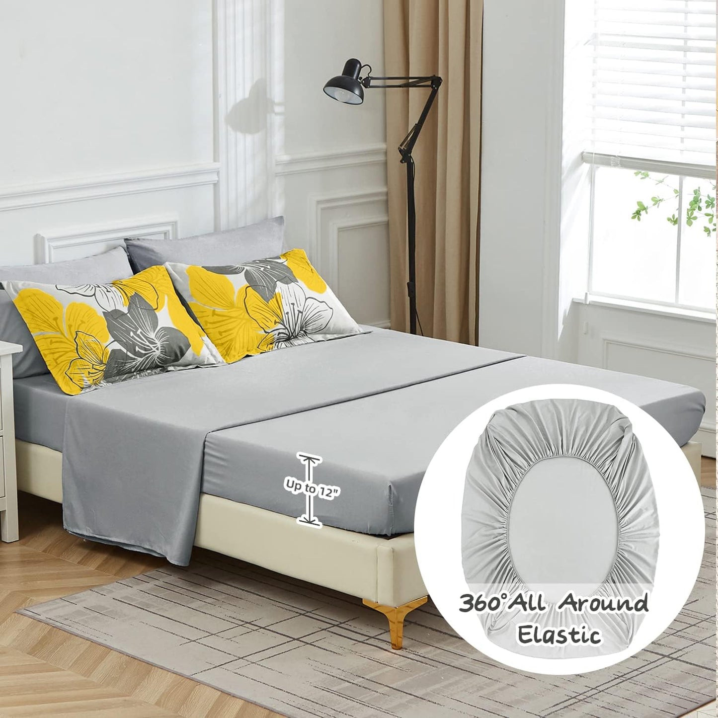 Yellow Comforter Set Queen Size, Yellow Floral Pattern Printed on Light Grey, Soft Microfiber 7 Pieces Bed in a Bag (1 Comforter, 2 Pillow Shams, 1 Flat Sheet, 1 Fitted Sheet, 2 Pillowcases)