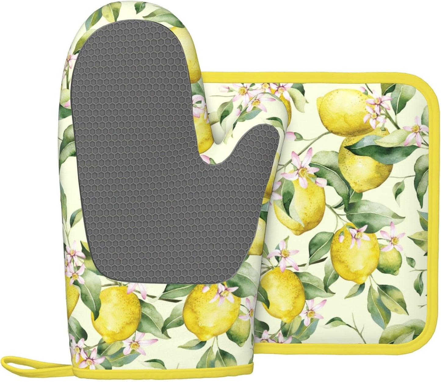 Lemon Silicone Oven Mitts Pan Mats Set of 2, Heat Resistant Gloves Potholder with Non-Slip Grips Hanging Loops Pot Holder, Spring Summer for Chef Cooking, Baking, Grilling, BBQ