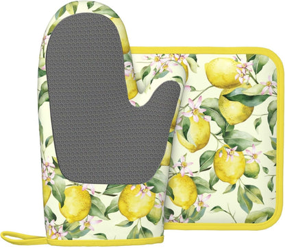 Lemon Silicone Oven Mitts Pan Mats Set of 2, Heat Resistant Gloves Potholder with Non-Slip Grips Hanging Loops Pot Holder, Spring Summer for Chef Cooking, Baking, Grilling, BBQ