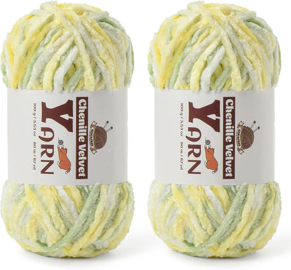 Chenille Crochet Greenish Yellow Yarn 2 Pack | Fluffy Velvet Yarn Blanket Knitting Yarn for Crocheting Soft Baby Yarn