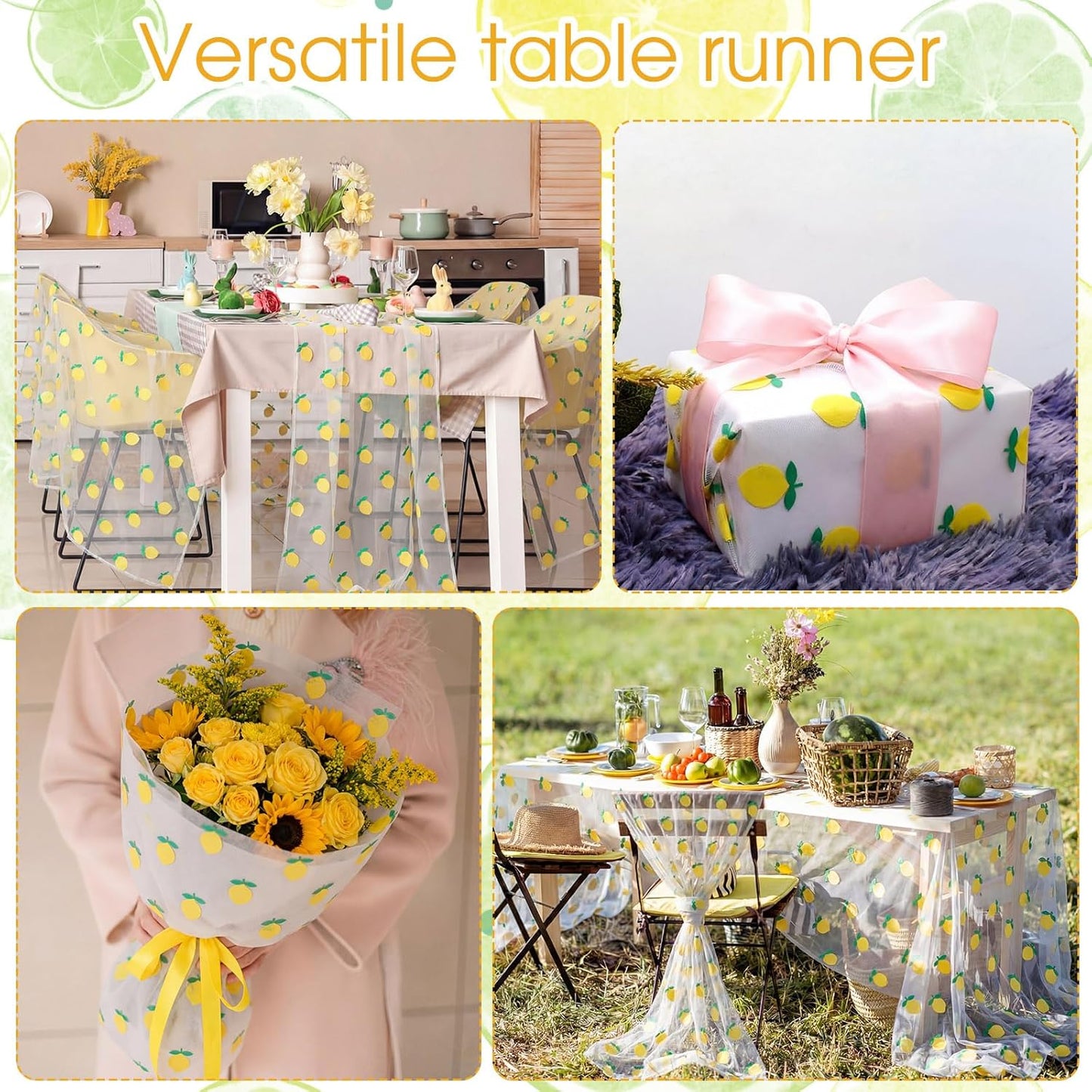 8 Pcs Tulle Table Runner 30 x 120 Inch Tulle Lace Cloth Rectangle Fruit Table Cover for Summer Birthday Baby Shower Wedding Party Home Kitchen Decor(Lemon)