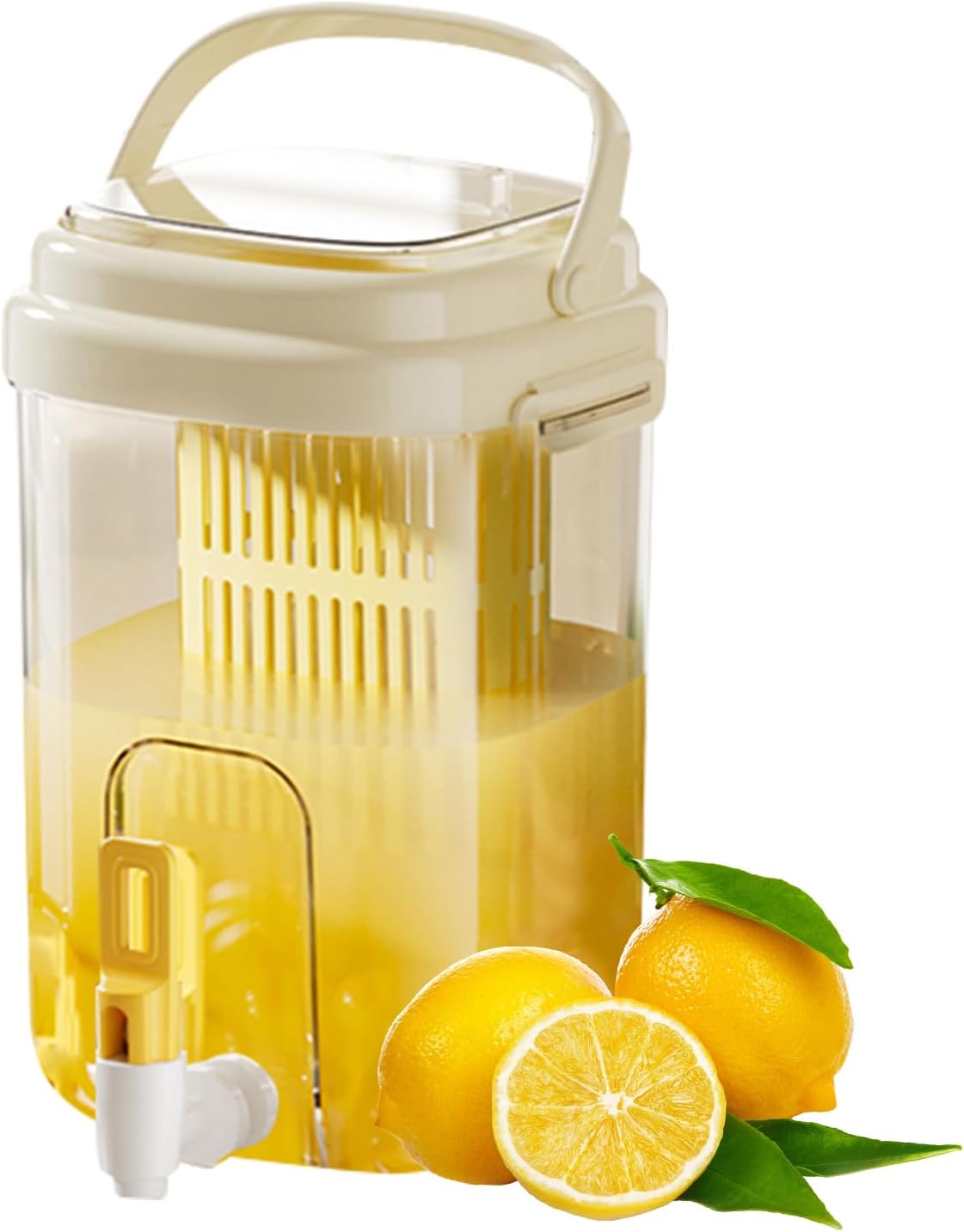 Fridge Water Pitcher with Spout & Fruit Infuser – 2L BPA-Free Cold Drink Dispenser with Handle for Juice, Tea, Lemon Water – Portable Jug for Camping, Picnic, Party (Yellow)