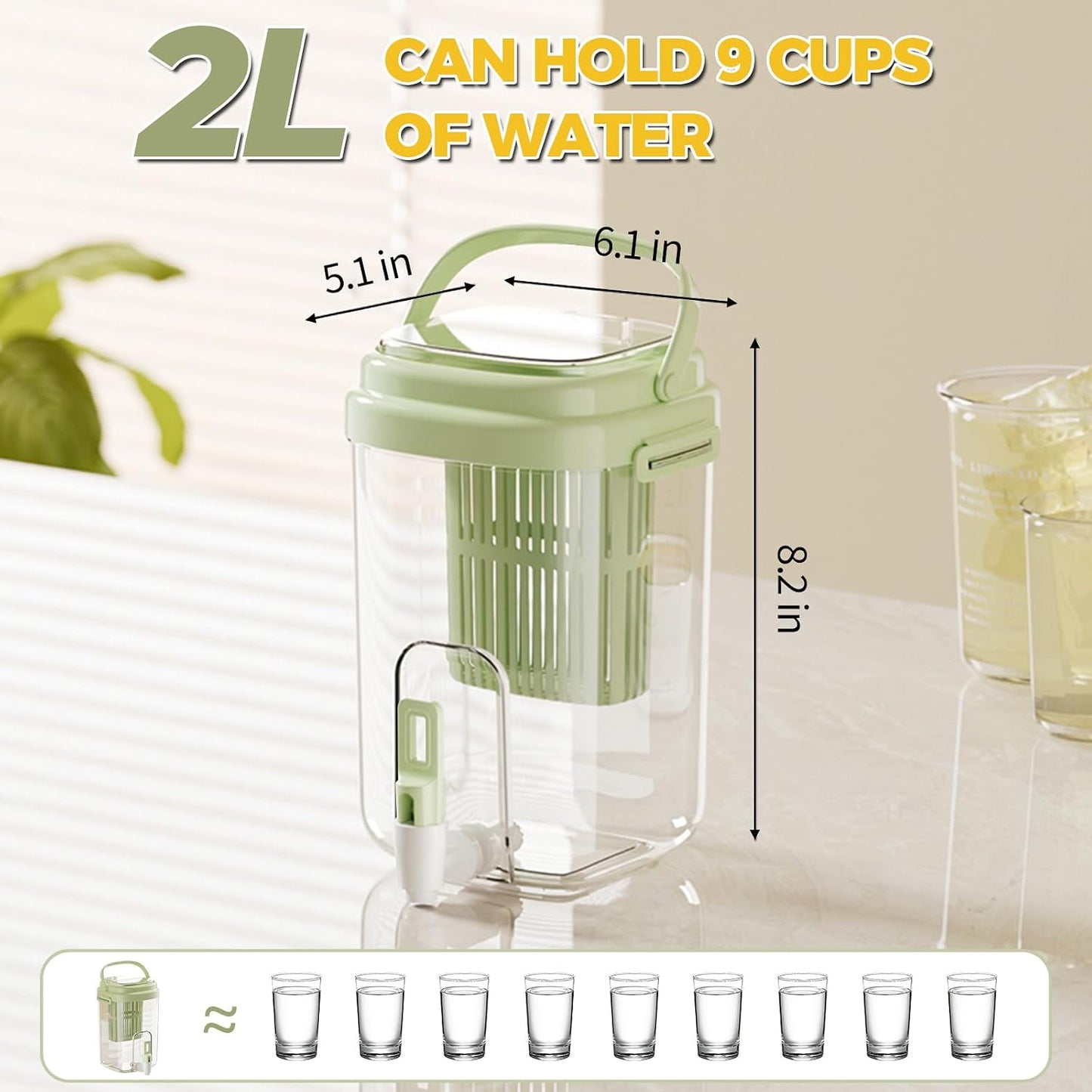 Fridge Water Pitcher with Spout & Fruit Infuser – 2L BPA-Free Cold Drink Dispenser with Handle for Juice, Tea, Lemon Water – Portable Jug for Camping, Picnic, Party (Yellow)