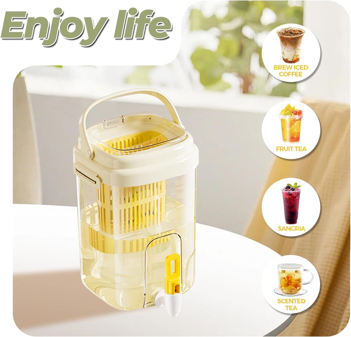 Fridge Water Pitcher with Spout & Fruit Infuser – 2L BPA-Free Cold Drink Dispenser with Handle for Juice, Tea, Lemon Water – Portable Jug for Camping, Picnic, Party (Yellow)