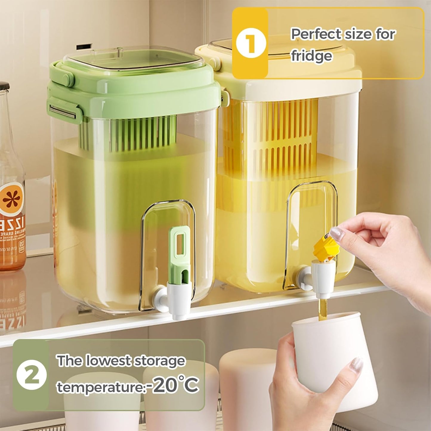 Fridge Water Pitcher with Spout & Fruit Infuser – 2L BPA-Free Cold Drink Dispenser with Handle for Juice, Tea, Lemon Water – Portable Jug for Camping, Picnic, Party (Yellow)