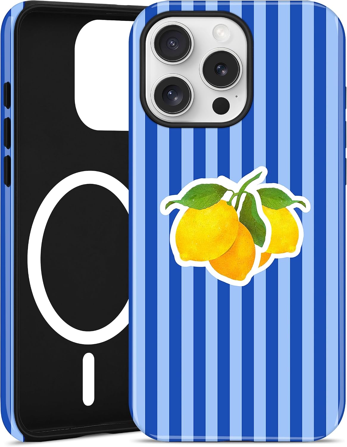 Magnetic Striped Phone Case for iPhone 16 e/17e,Blue Lemon | Compatible with MagSafe, Cute Aesthetic Striped Design, TPU and PC Protective Shockproof Cover