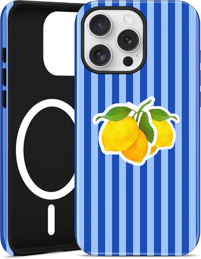 Magnetic Striped Phone Case for iPhone 16 e/17e,Blue Lemon | Compatible with MagSafe, Cute Aesthetic Striped Design, TPU and PC Protective Shockproof Cover