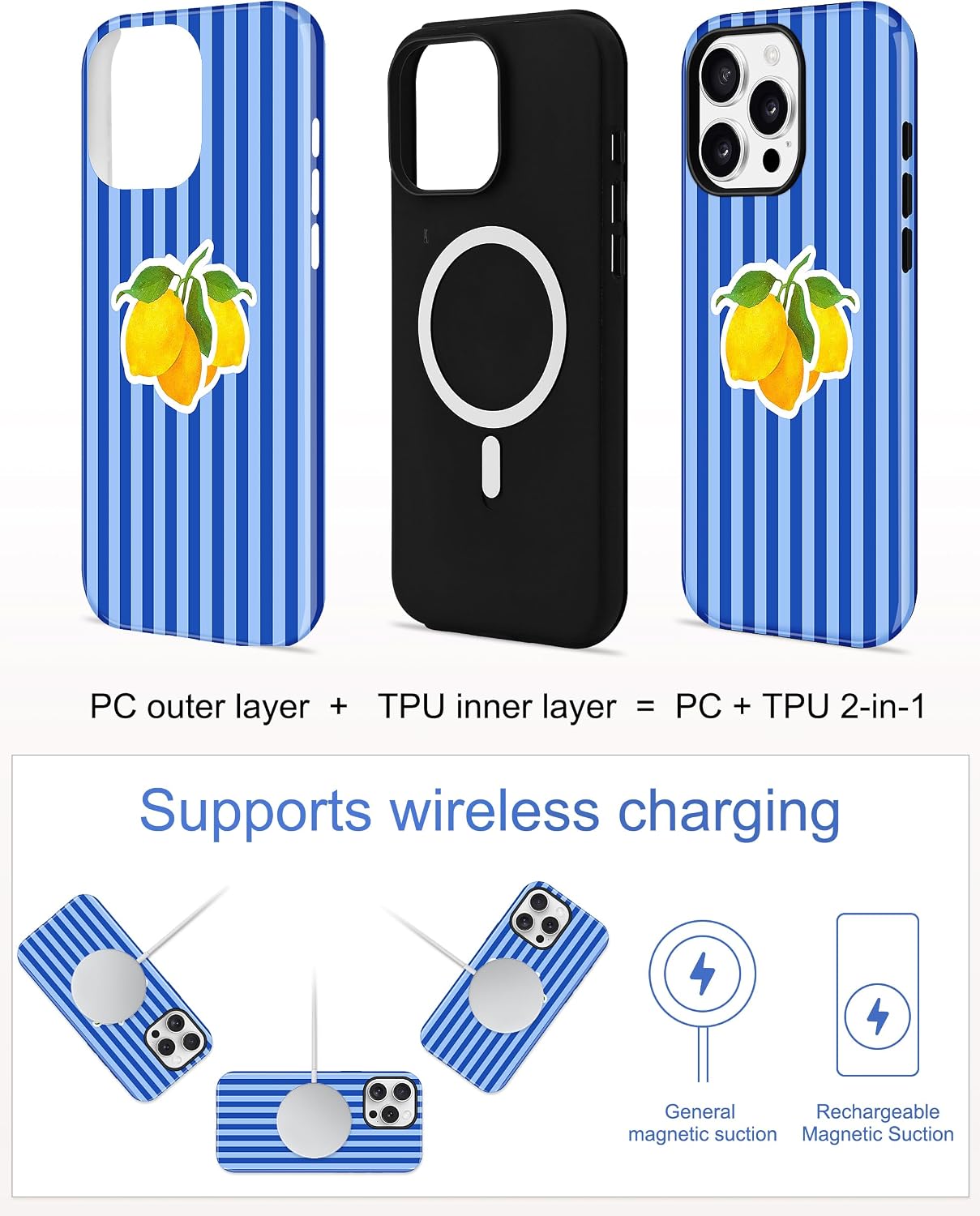 Magnetic Striped Phone Case for iPhone 16 e/17e,Blue Lemon | Compatible with MagSafe, Cute Aesthetic Striped Design, TPU and PC Protective Shockproof Cover