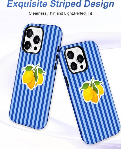 Magnetic Striped Phone Case for iPhone 16 e/17e,Blue Lemon | Compatible with MagSafe, Cute Aesthetic Striped Design, TPU and PC Protective Shockproof Cover