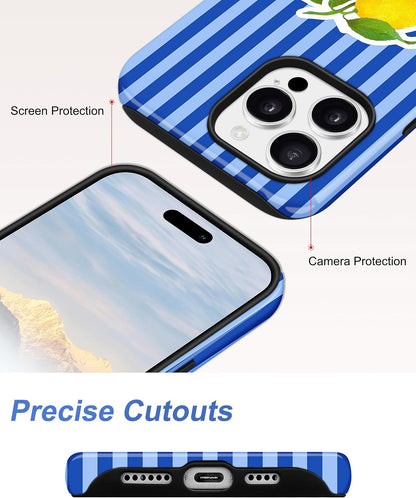 Magnetic Striped Phone Case for iPhone 16 e/17e,Blue Lemon | Compatible with MagSafe, Cute Aesthetic Striped Design, TPU and PC Protective Shockproof Cover